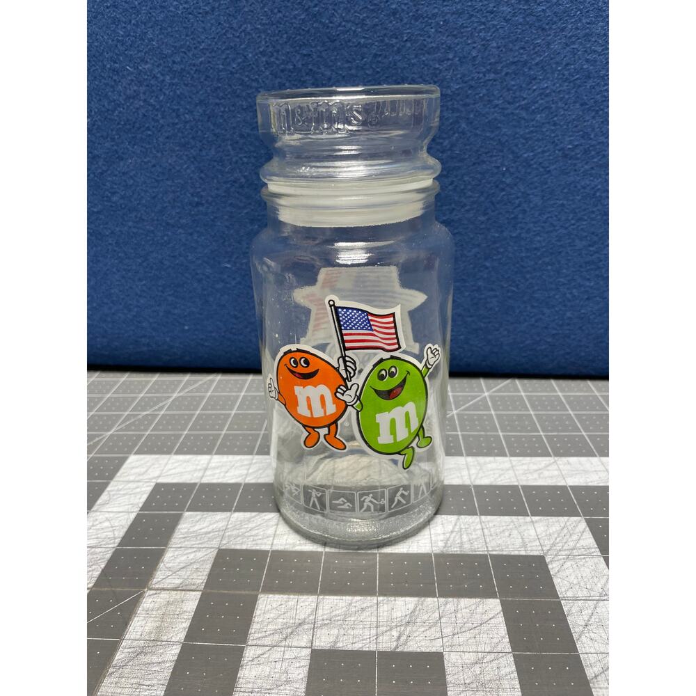 1984 Olympic Games M&M's Glass‎ Jar Canister W/ Lid Anchor Hocking Vintage